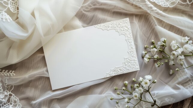 An elegant blank invitation card with embossed edges, resting on a vintage lace tablecloth