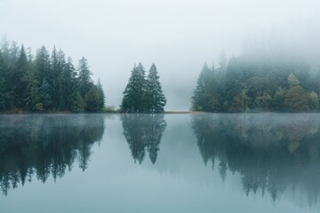 misty foggy Kinfolk minimalist landscape - trees reflected in calm forest lake, peaceful ambiance and reflective beauty of the natural surroundings, serenity and tranquility meditation backdrop