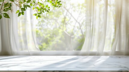 Sunlight streams through white curtains onto a marble windowsill