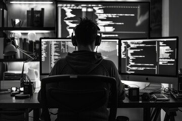 software tester analyzing code or running automated tests, against a backdrop of minimalist workspace environments or computer screens, meticulous and precise nature of software testing