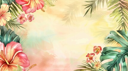 A beach-themed blank invitation card with a watercolor sunset, surrounded by tropical flowers and a sea breeze