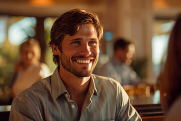 Fototapeta premium Man in hotel lobby, tourist arriving for relaxation, person enjoying vacation
