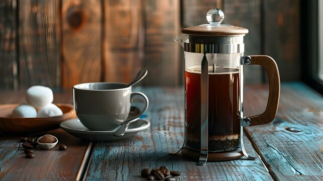 French press with brewed coffee standing