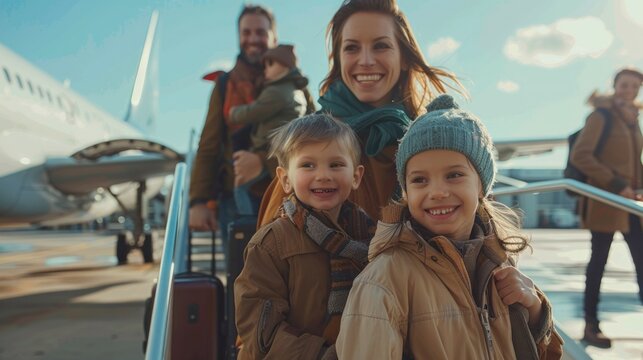 A family is seen deboarding an airplane at their destination, with smiles on their faces and luggage in hand. The parents are guiding their children down the steps, capturing the culmination of their