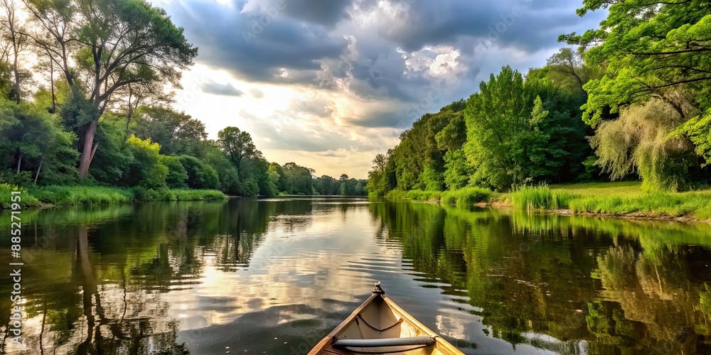 Canvas Prints Serene photo of calm canoeing adventure on tranquil river, canoeing, peaceful, nature, relaxation, outdoor, water, activity