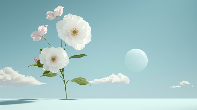 Immerse yourself in the tranquil beauty of springtime landscapes, where blooming flowers and fresh greenery herald the renewal of life and vibrant colors. Illustration, Image, , Minimalism,