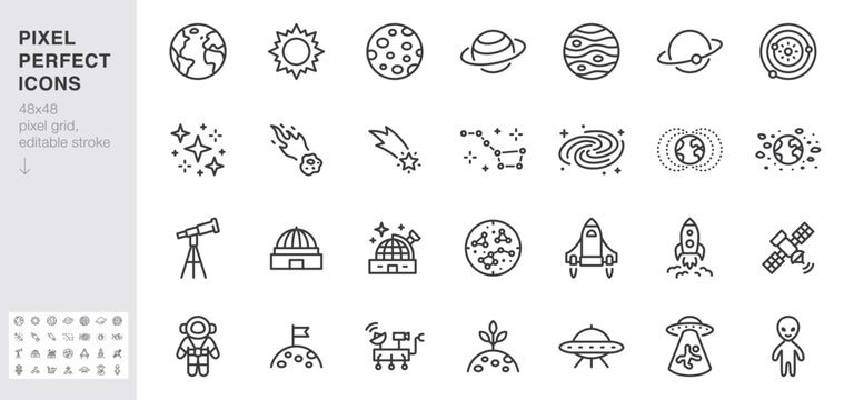 Astronomy line icon set. Space planet, Earth, moon, sun, galaxy, rocket astronaut, alien minimal vector illustrations. Simple outline signs for cosmos science. 48x48 Pixel Perfect. Editable Stroke