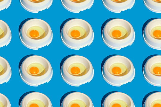 Repetition of dog food bowls with raw eggs on blue background