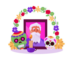 Dia de los Muertos vector altar with photos, skulls and candles.