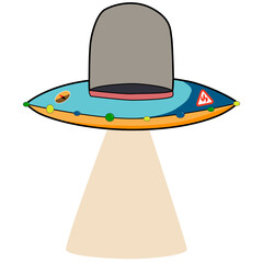 flying ufo cartoon. Cute stylised alien spaceship.