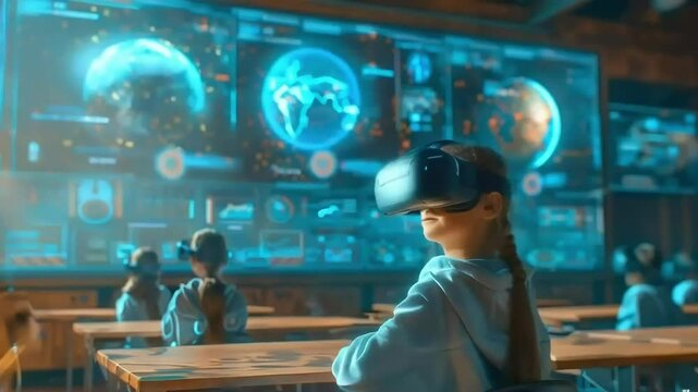Children Using VR for Interactive Learning in Futuristic Classroom