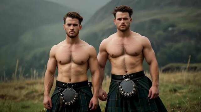 Two Half Naked Men in Traditional Scottish Kilts Standing in a Field