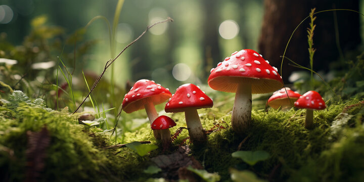 Group of Red Mushrooms in a Grassy Field - Powered by Adobe