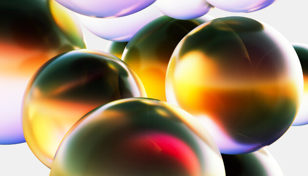 3D rendering of multi colored bubbles with light effect against white background