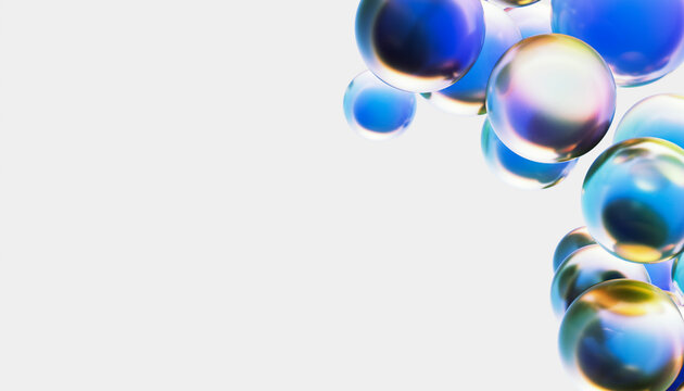 3D render of blue colored bubbles with light effects over white background