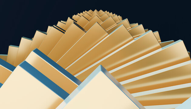 3D rendering of abstract design with metal stacks against navy blue background