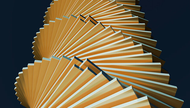 3D render of abstract design with metal stacks against navy blue background