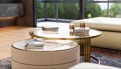 Books and candles on modern coffee table in living room