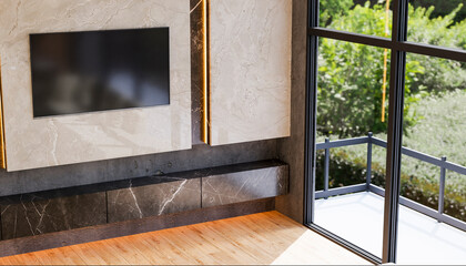 Television mounted on wall near windows in living room