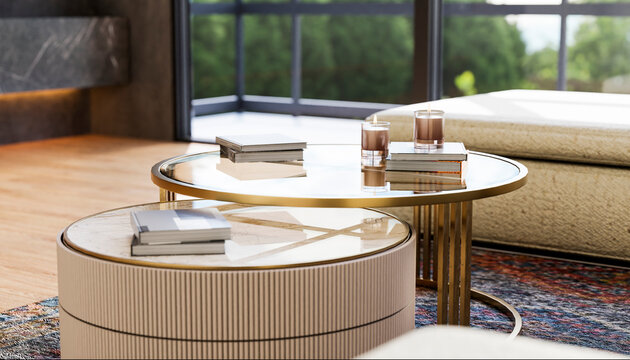 Books and candles on modern coffee table in living room