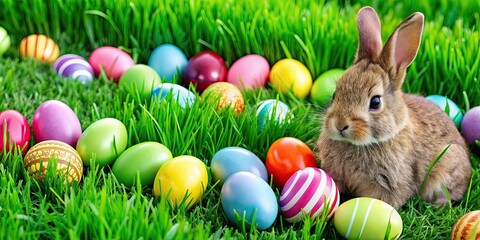 Fototapeta premium Easter bunny sitting on green grass surrounded by colorful eggs, Easter, bunny, grass, colorful, eggs, holiday, spring