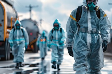 Hazmat team in protective gear heading to urban chemical incident. Generative AI