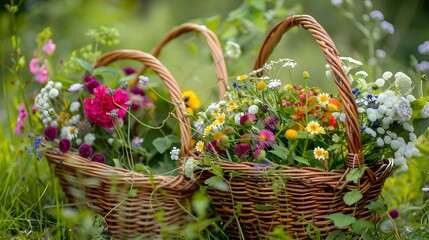 Floral picnic baskets with wildflowers herbs img