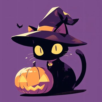 recommend clip art: Black cat with pumpkin isolated on purple background. Halloween celebration concept. Cute kitten with witch hat. Child illustration for design, print, sticker, greeting card