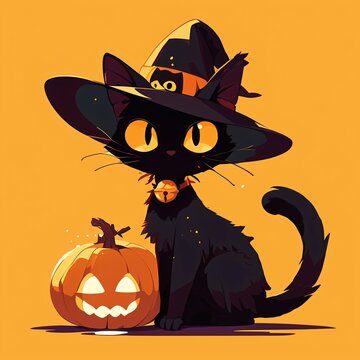 recommend clip art: Black cat with pumpkin isolated on orange background. Halloween celebration concept. Cute kitten with witch hat. Child illustration for design, print, sticker, greeting card