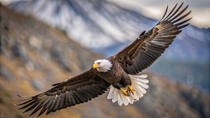 Fototapeta premium Close-up of a majestic bald eagle flying with open wings over a mountainous landscape, bald eagle, bird, flying