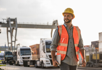 Smiling logistics worker wearing hardhat standing on sunny day in industrial district