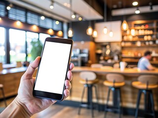 Smartphone in Hand with Blurred Cafe Background.