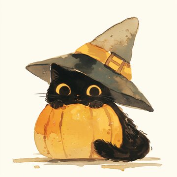 recommend clip art: Black cat sits on pumpkin isolated on white background. Halloween celebration concept. Cute kitten with witch hat. Watercolor illustration for design, print, sticker, greeting card