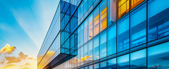 Modern glass office building reflecting sky at sunset