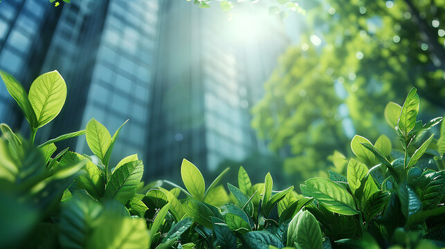 Corporate ESG reporting and nature awareness concept with green elements and business buildings. Copy space for text