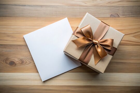 Gift box with ribbon and card on wooden background.
