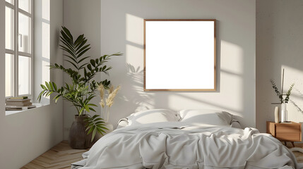 Frame Mockup, bedroom with empty poster mock up and plants, modern room blank painting on wall scandinavian and minimalist