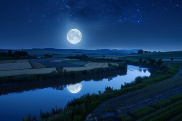 Fototapeta premium The moon rising over a tranquil rural landscape, with a patchwork of fields and a winding river reflecting the moonlight, under a vast, clear night sky filled with stars