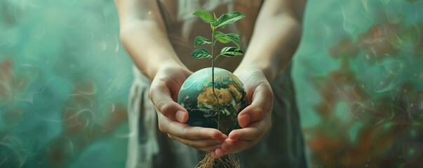 a plant that grows on a globe carried by someone's hand