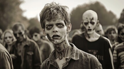 A close-up of a zombie with a vacant stare and pale skin