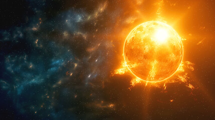 Obraz premium Fiery sun with bright light and solar flares against the backdrop of outer space filled with stars and nebulae.