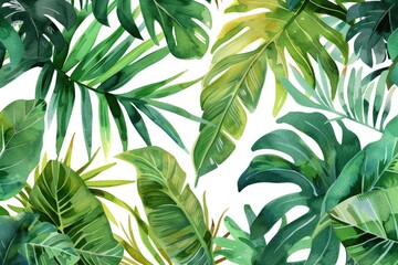 Water Color Tropical. Hand-drawn Tropical Plants Background with Exotic Palm Leaves and Jungle Trees