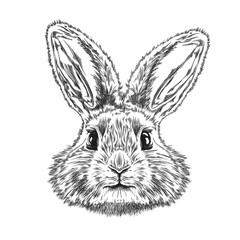 Black and white sketch of a rabbit head for design. Isolated background.