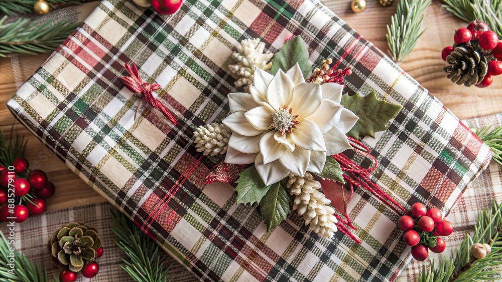 Poster Vintage floral and plaid Christmas gift wrapping background with a charming and nostalgic feel, festive, holiday, present