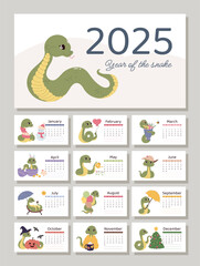 Horizontal calendar 2025 with a cute snake, symbol of the year. Cover and 12 month pages with seasonal vector cute illustrations. The week starts on Sunday.