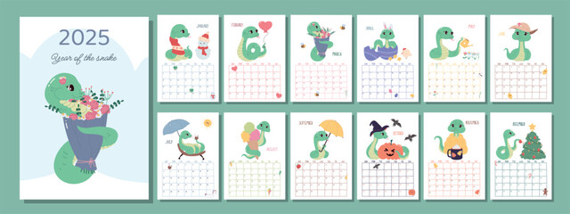 Calendar 2025 with a cute snake, symbol of the year. Cover and 12 month pages with seasonal vector cute illustrations. The week starts on Sunday, vertical pages,A4 format.