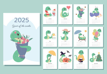 Calendar 2025 with a cute snake, symbol of the year. Cover and 12 month pages with seasonal vector cute illustrations. Week starts on Monday, vertical pages, A4 format.
