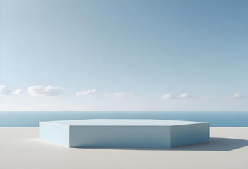 A simple light blue hexagon podium on a blue sky and white cloud background