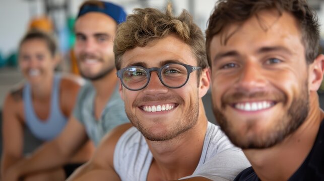 A group of friends, including two males and two females, are seen smiling and relaxing after their workout session at the gym, reflecting camaraderie and fitness focus.