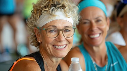 A smiling woman with glasses and a headband holding a water bottle at a fitness event, with another woman smiling in the background, indicating a social setting.